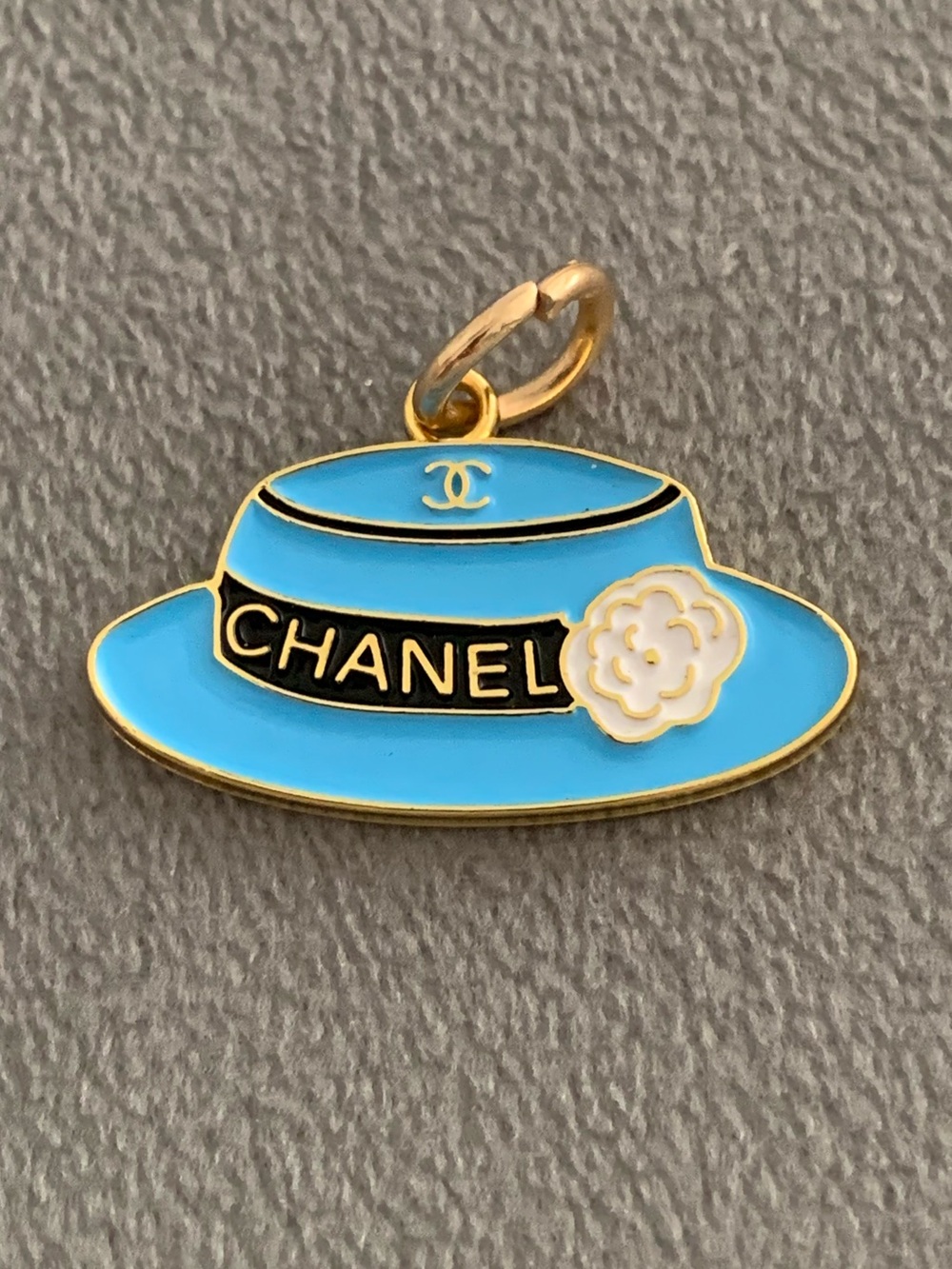 Blue Enamel Hat Charm with Gold Tone and White Camellia